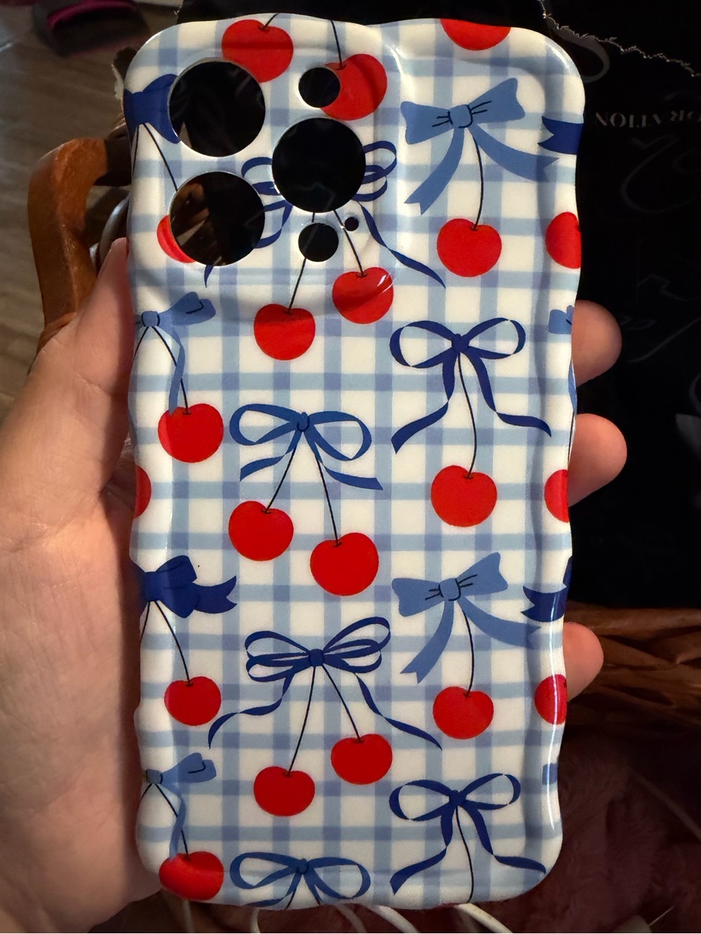 Mag safe Blue & White Cherry Print Phone Case with Red Accents